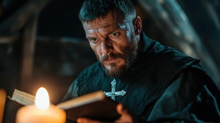 An evocative portrait of a man studying a book by candlelight, representing the quest for knowledge, history, and the serene ambiance of a past era in a compelling atmosphere.