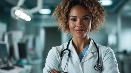This poised female doctor in a medical setting exudes confidence and professionalism, highlighting the importance of healthcare and the dedication of medical professionals.