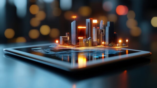 holographic digital map interface floating above a tablet, futuristic city model with street lines