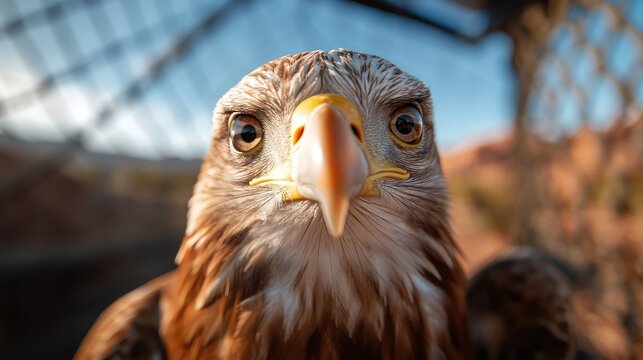 A striking close-up shot of a majestic brown eagle, showcasing its intense gaze and fascinating details of feathers, embodying strength, freedom, and the beauty of wildlife.