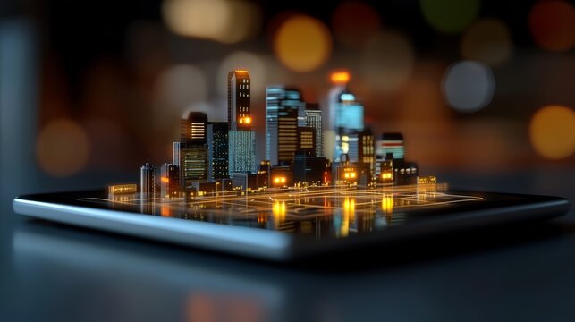 holographic digital map interface floating above a tablet, futuristic city model with street lines