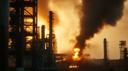 Obraz premium industrial complex in chaos, metal structures crumbling under heavy fire and smoke