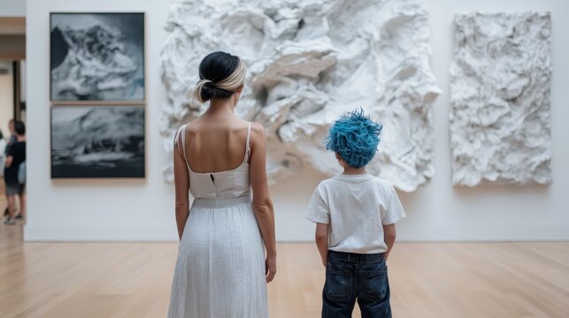 A mother and child admire an abstract artwork in an art gallery, highlighting the importance of creativity, art appreciation, and family bonding in cultural experiences.
