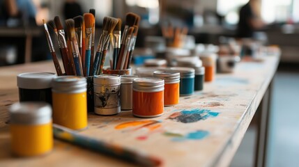 A colorful arrangement of paintbrushes and jars of paint captures the essence of creativity and artistic expression in a bright, inspiring studio environment.