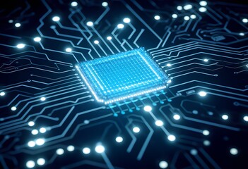 A sleek modern microchip is brilliantly illuminated, standing out against a complex backdrop of intricate circuitry