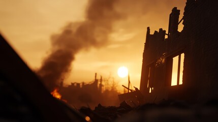 intense fire and ash clouds consuming city ruins, cinematic lighting