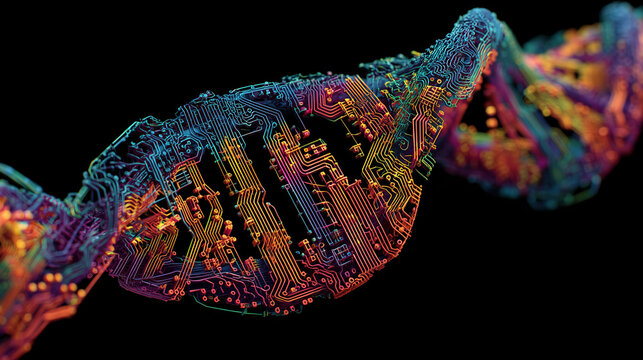 Abstract DNA Helix Interwoven with Circuit Board Lines, Modern Science and AI Fusion - Powered by Adobe