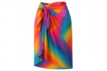 Colorful beach sarong with rainbow pattern isolated on transparent background, perfect for summer clothing and beachwear designs