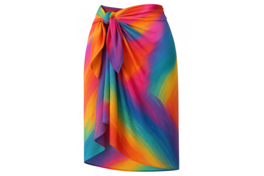 Colorful beach sarong with rainbow pattern isolated on transparent background, perfect for summer clothing and beachwear designs