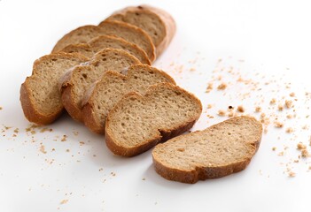 Artisan brown bread is sliced and arranged on a clean surface, with crumbs scattered for presentation