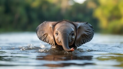 Fototapeta premium A playful baby elephant splashes joyfully in the water, showcasing its adorable features and playful spirit, evoking feelings of happiness and affection towards wildlife.