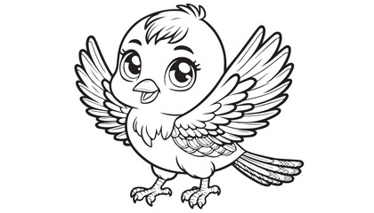 Vector illustration of cartoon bird waving wing greeting black and white drawing For children to learn to color according to the picture.
