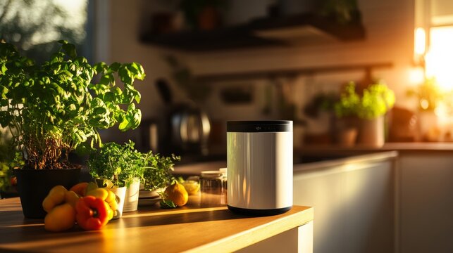 low waste lifestyle kitchen scene with reusable items and compost bin, eco-friendly modern interior, bright lighting