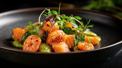 A beautifully arranged gourmet dish featuring fresh salmon, garnished with vibrant greens, herbs, and decorative elements, presenting the finest in culinary artistry and flavor.