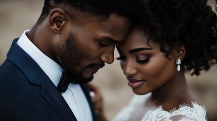 A close-up portrayal of a joyful couple lovingly touching foreheads, conveying deep emotions of love, unity, and commitment amidst a beautifully blurred background.