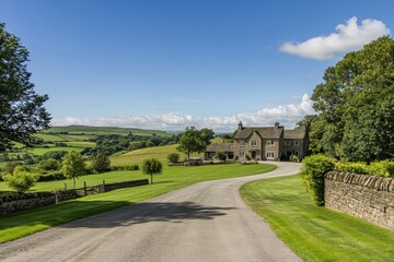 A beautiful countryside estate is set against a backdrop of rolling hills and lush greenery, with a long driveway leading to the charming residence under a clear blue sky