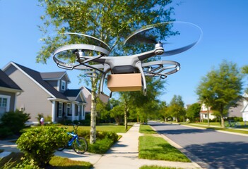 A drone is currently flying high above a suburban street, efficiently delivering a package right to a home