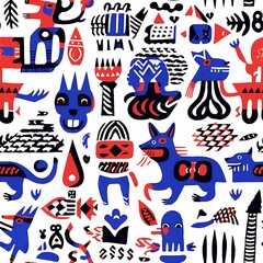 Seamless Pixel Art Pattern with Whimsical Creatures in Red Blue and Black