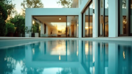 A stunning view of a crystal clear swimming pool reflecting a contemporary architectural design, blending nature and modern living, creating a serene and tranquil environment.