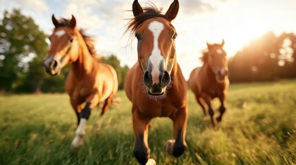 Fototapeta premium A stunning image featuring three galloping horses in a lush green field, capturing their energy and spirit against a vibrant sky and nature backdrop, highlighting freedom.