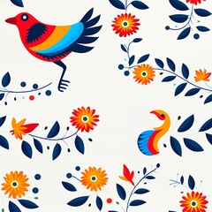 Obraz premium Vibrant Bird and Floral Pattern Design in Red Orange Blue and Yellow