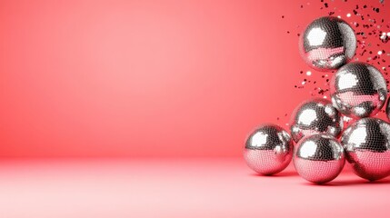 A visually striking image featuring a cluster of shiny disco balls on a soft pink background, representing themes of celebration, fun, and nostalgia in artistic photography.