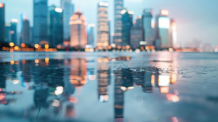 An artistic view of a bustling city skyline reflecting on wet pavement after rain, with shimmering lights creating a mesmerizing atmosphere of urban life at dusk.