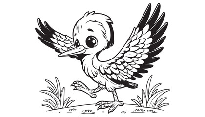 Vector illustration of cartoon bird waving wing greeting black and white drawing For children to learn to color according to the picture.
