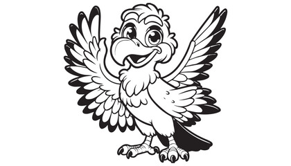 Vector illustration of cartoon vulture bird waving wing greeting black and white drawing For children to learn to color according to the picture.
