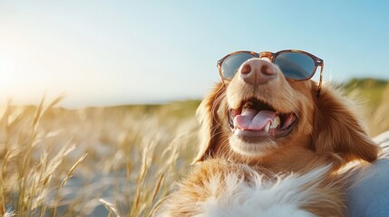 A golden retriever wearing stylish sunglasses lounges in a sunlit field, radiating joy and positivity, capturing the essence of carefree moments in nature.