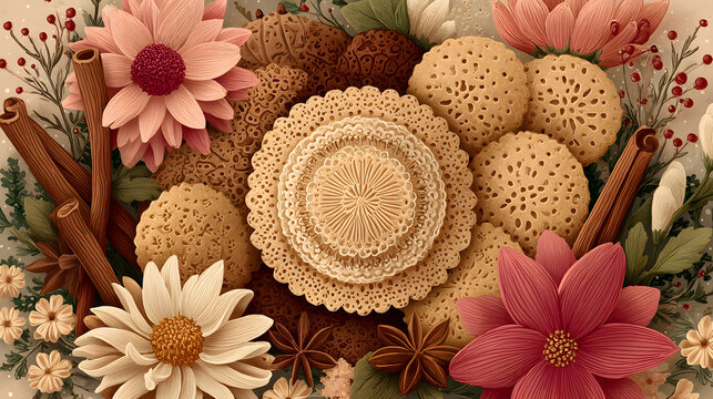 An artistic and playful bohemian flat illustration for National Cookie Day, showcasing a delightful spread of cookies arranged in a mandala-like pattern, surrounded by cinnamon sticks, vanilla flowers - Powered by Adobe