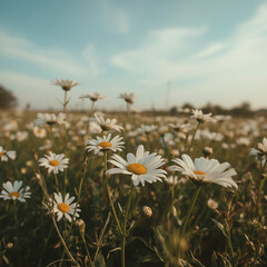 A beautiful summer day unfolds with white daisies blooming in a vibrant field under a blue sky © MstNurui