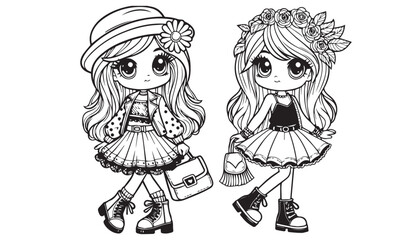 Vector illustration of cartoon fashion girl black and white drawing For children to learn to color according to the picture.
