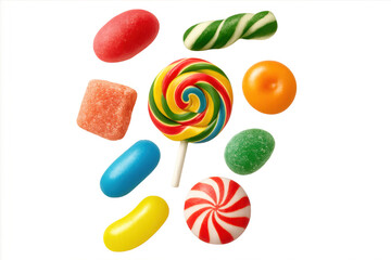 Multicolored candy pieces - lollipops, jelly beans, gummies - suspended midair against transparent backdrop, representing sugary confectionery delight