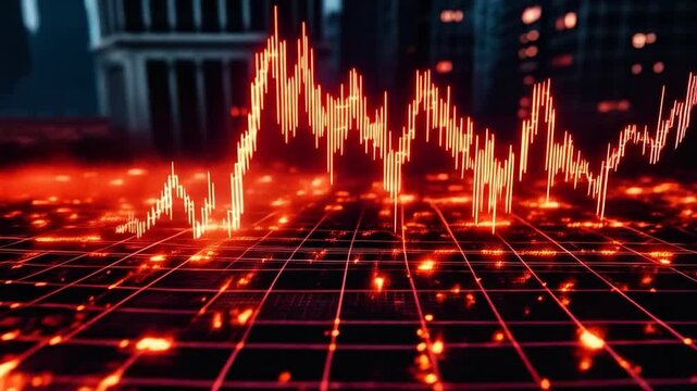 Abstract stock market chart with glowing red lines on a grid