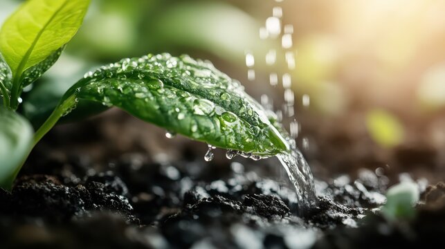A close-up view of a vibrant green leaf with water droplets glistening on it, symbolizing freshness and the essence of nature in a sunlit environment. - Powered by Adobe