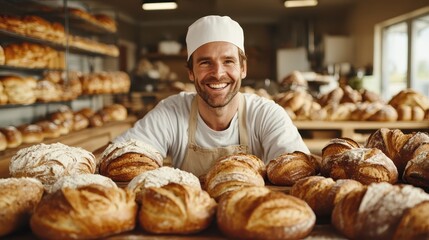 A joyful baker proudly presenting an array of freshly baked bread in a warmly lit bakery, embodying the art of baking and the joy of creating delightful culinary treats.