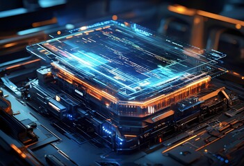 A highly advanced microprocessor adorned with glowing circuits and intricate digital data streams that illuminate