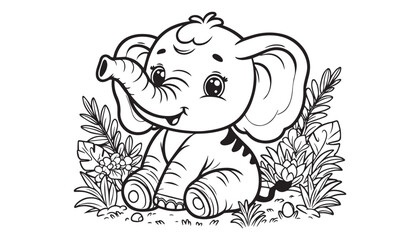 Vector illustration of cartoon elephant black and white drawing For children to learn to color according to the picture.
