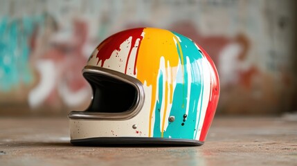 A visually striking motorcycle helmet displays vibrant dripped paint, combining artistry with industrial elements, representing creativity and passion for adventure in design.