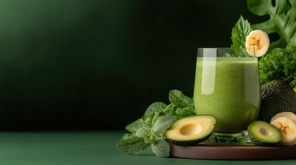 A refreshing green smoothie sits elegantly with fresh ingredients around it, embodying vitality and health, perfect for fitness enthusiasts and those seeking nutritious lifestyle choices.