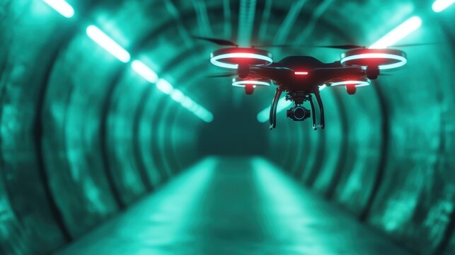 A sleek drone hovers in a glowing tunnel, showcasing an innovative design and vibrant colors that create a futuristic atmosphere, perfect for tech enthusiasts and visionaries.