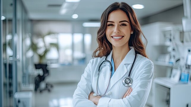 Professional female doctor in white coat with stethoscope, standing in a bright medical office, confident smile, clean and modern background perfect for healthcare, medical services, and wellness