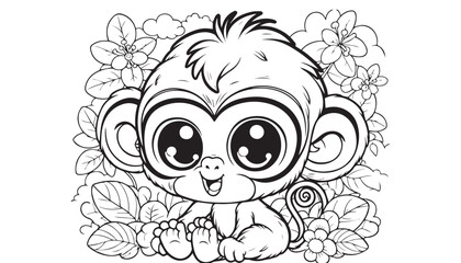 Vector illustration of cartoon monkey black and white drawing For children to learn to color according to the picture.
