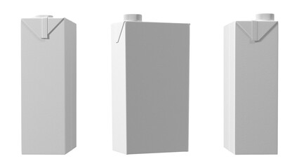 Three plain, unbranded cartons with a triangular pour spout, typically used for packaging beverages.