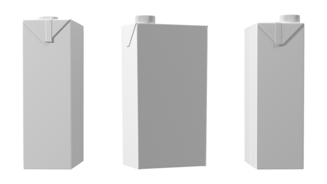 Three plain, unbranded cartons with a triangular pour spout, typically used for packaging beverages.