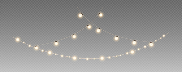 Christmas garland isolated on transparent background. Glowing colorful light bulbs with sparkles.Xmas, New Year, wedding or Birthday decor. Party event decoration. Winter holiday season element.