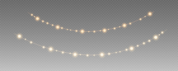 Christmas garland isolated on transparent background. Glowing colorful light bulbs with sparkles.Xmas, New Year, wedding or Birthday decor. Party event decoration. Winter holiday season element.