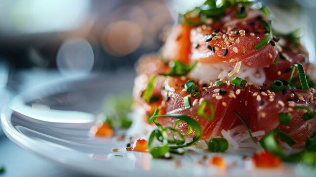 A close-up of a beautifully arranged sushi dish, topped with fresh herbs and garnishes, showcasing the artistic presentation and culinary creativity of modern cuisine. - Powered by Adobe