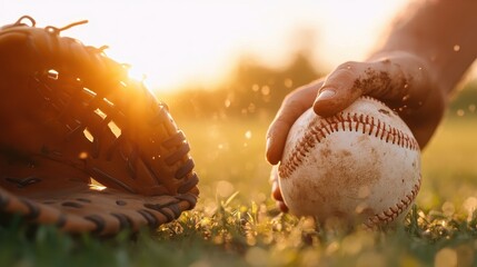 A captivating image of a sunlit baseball resting on a grassy field next to a glove, evoking nostalgia and excitement for the sport, capturing the essence of outdoor playtime.